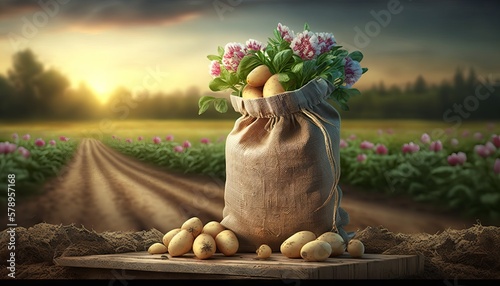 young potatoes in burlap sack on wooden table with blooming agricultural field on the background. Generative ai