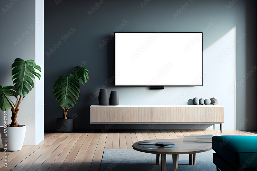 Modern living room interior with empty white mock-up Television on the wall, sofa,  table and plant. AI Generative