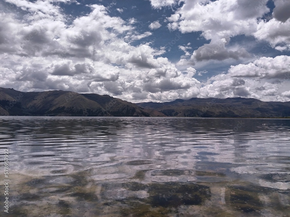 view of the pomacanchi,cusco lagoon and distant forest view of the pomacanchi,cusco lagoon and distant forest