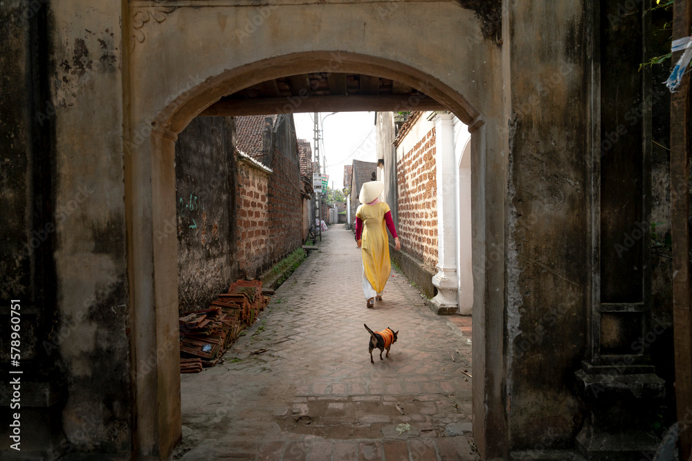 A charming Vietnamese woman in traditional ao dai dress in the ancient village of Duong Lam, Son Tay district, Hanoi. VN