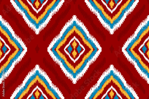 Abstract ikat red pattern art. Geometric ethnic ikat seamless pattern in tribal. American and Mexican style. Design for background, Vector illustration, fabric, clothing, carpet, batik, embroidery.