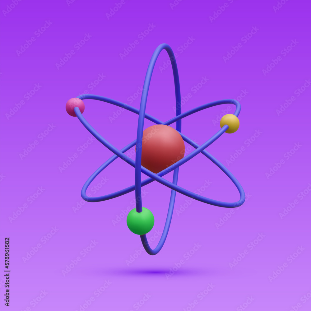 3d realistic atom with orbital electrons isolated on blue background. Nuclear energy, scientific research, molecular chemistry, physics science concept. Vector illustration
