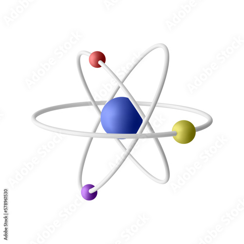 3d realistic atom with orbital electrons isolated on white background. Nuclear energy, scientific research, molecular chemistry, physics science concept. Vector illustration