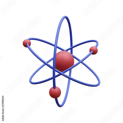 3d realistic atom with orbital electrons isolated on white background. Nuclear energy, scientific research, molecular chemistry, physics science concept. Vector illustration