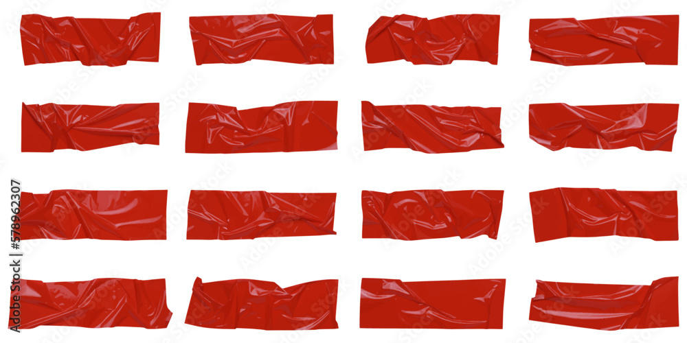Fototapeta premium Red wrinkled adhesive tape isolated on white background. Red Sticky scotch tape of different sizes. Vector illustration.