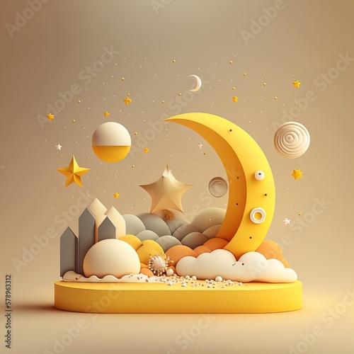 yellow Crescent moon with stars and cute clouds with smiles in smooth 3d style. Baby decoration for sleep products design.