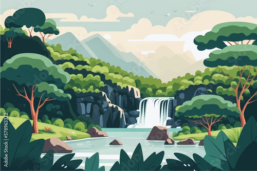 Serene Nature Landscape with Lake, Waterfall & Lush Green Trees - Flat Vector Illustration Ideal for Social Media Posts & Ads