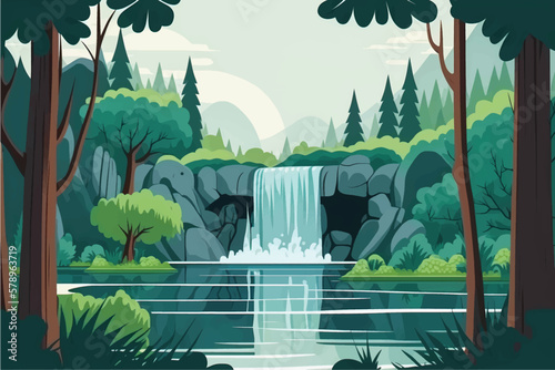 Serene Nature Landscape with Lake, Waterfall & Lush Green Trees - Flat Vector Illustration Ideal for Social Media Posts & Ads