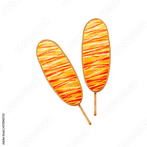 A popular Korean street snack is corn dogs cooked in bread crumbs with sausage and cheese, cartoons, and hand drawing.