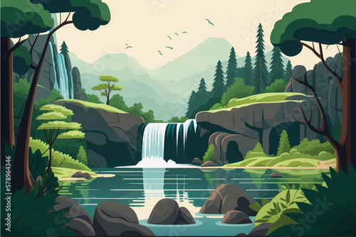 Serene Nature Landscape with Lake, Waterfall & Lush Green Trees - Flat Vector Illustration Ideal for Social Media Posts & Ads