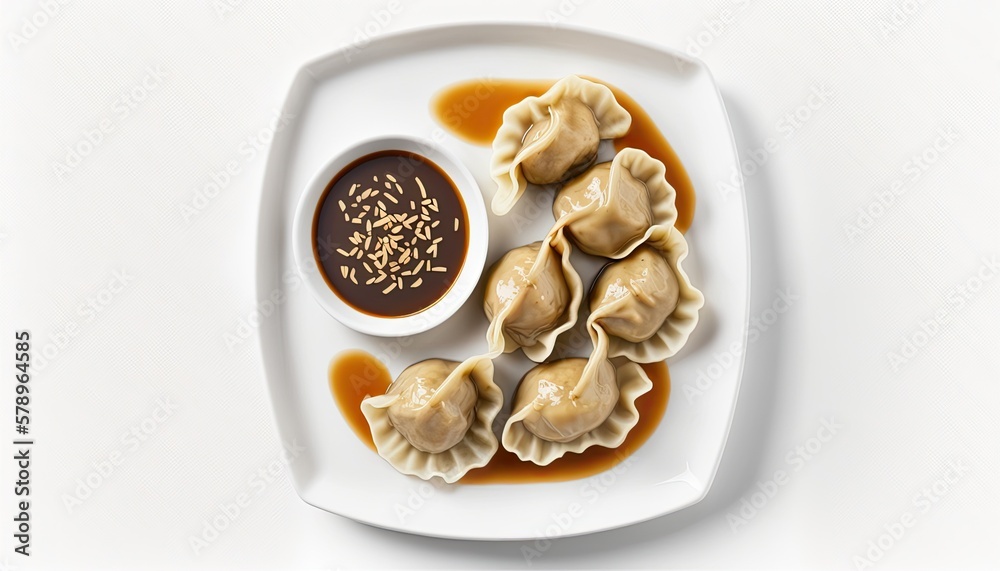 A Plate of Dumplings with Dipping Sauce on White Background with copy space for your text created with generative AI technology A Plate of Dumplings with Dipping Sauce on White Background with copy space for your text created with generative AI technology