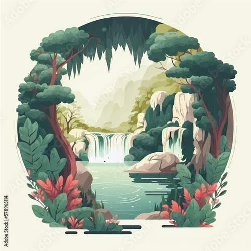 Serene Nature Landscape with Lake, Waterfall & Lush Green Trees - Flat Vector Illustration Ideal for Social Media Posts & Ads