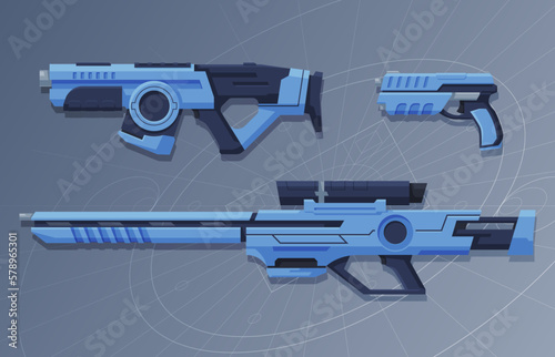 Futuristic weapons for games. Laser weapons of the future. Space blasters. Futuristic pistols, rifles, assault rifles. Vector illustration