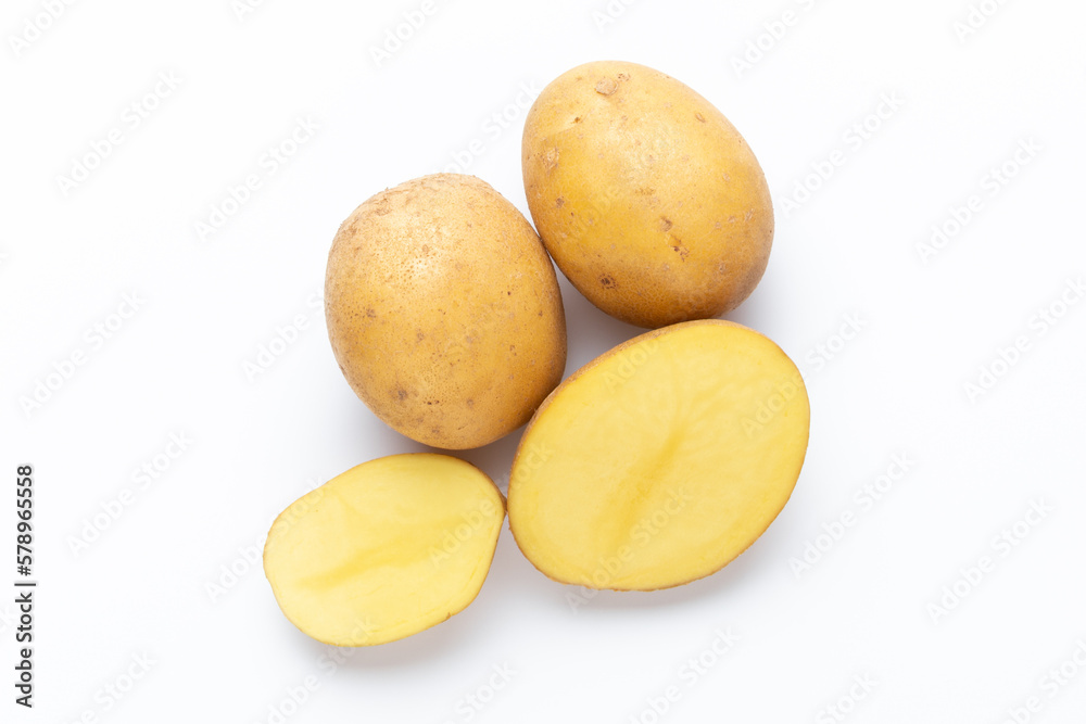 Potatoes isolated on white background. Flat lay. Top view.