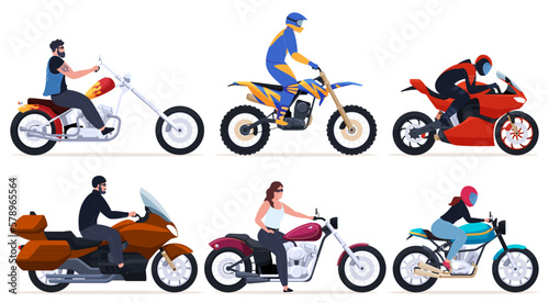 A set of different motorcycles with men and women on them. Two-wheeled transport of various types, sports, cross-country, for travel. Vector illustration