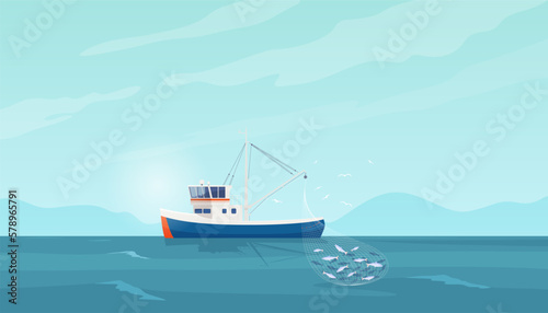 Fishing sea boats. Commercial fishing in large quantities. Sea background with fishing ship. Vector illustration