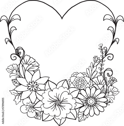 Hand drawn heart flower black and white pattern. Doodle frame with place for text, greeting card, coloring book or background decorative. Relaxation for adults and kids. Vector Illustration.
