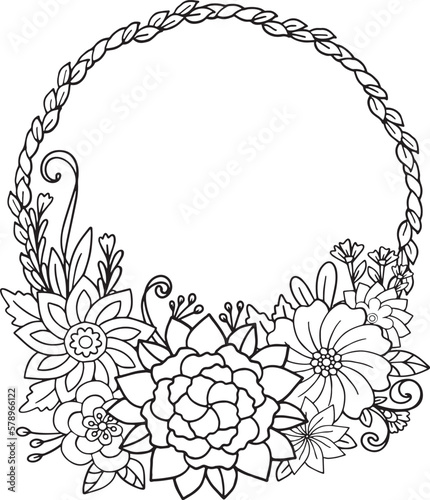Hand drawn flower wreath black and white pattern. Doodle frame with place for text, greeting card, coloring book or background decorative. Relaxation for adults and kids. Vector Illustration. 