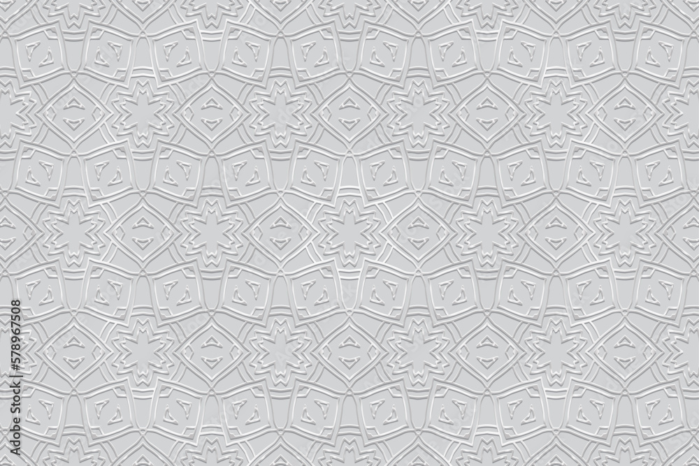 Embossed white background, cover design. Geometric abstract 3d pattern, press paper, elegant art deco. Boho, handmade ethnic themes. Traditions of the East, Asia, India, Mexico, Aztecs, Peru.