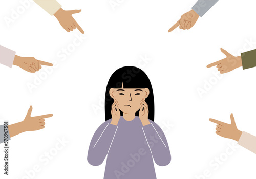 The concept of public condemnation, victim blaming and bullying. Crying depressed girl. The fingers point at the character and hate him. Internet cyberbullying.