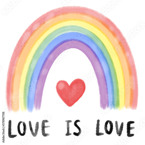 Watercolor hand drawn rainbow with red heart and text LOVE IS LOVE pride month concept 