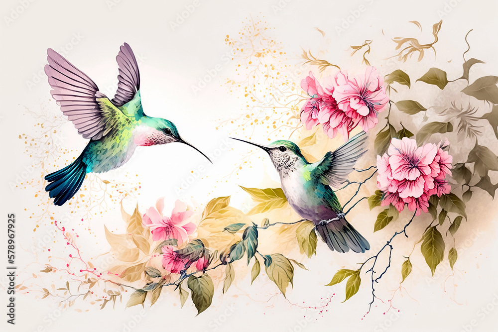 Watercolor painting of colibri birds, pink flowers and leaves on white ...