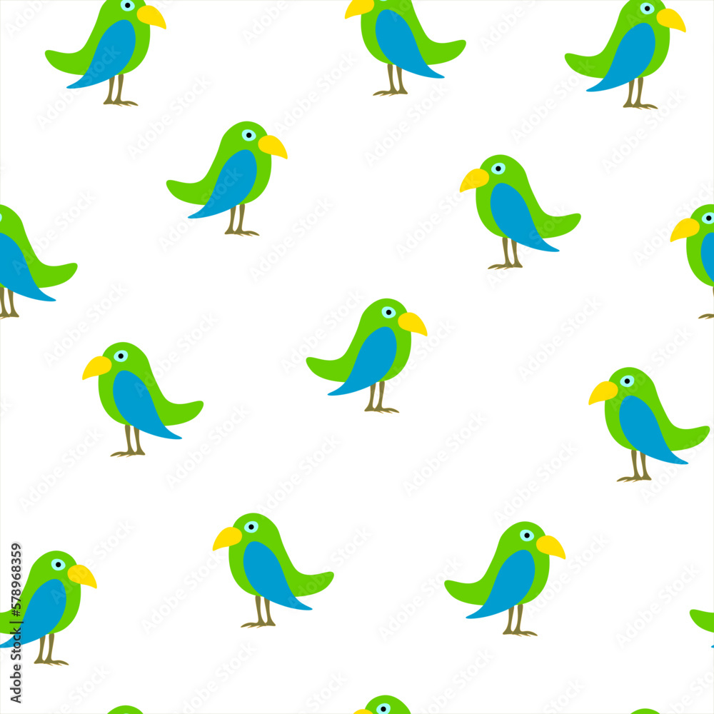 Fototapeta premium Seamless pattern cartoon parrots on white background. Funny birds ornament kids fabric textile, vector eps 10