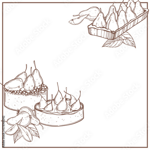  Pies and cakes with pears. Vector background.