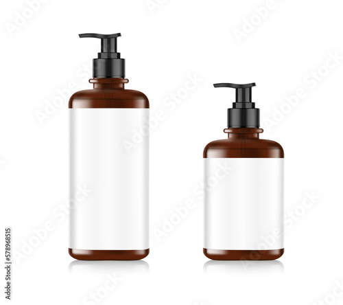 Realistic brown bottle with black dispenser mockup. Vector illustration isolated on white background. Perfect for the presentation of cream, tonic, soap disinfectant, etc. EPS10.