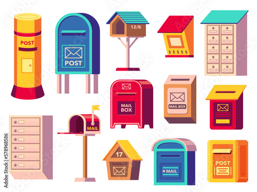 Mailboxes collection. Postbox icons for receiving letters, post container with correspondence, mail newsletter package delivery. Vector cartoon set