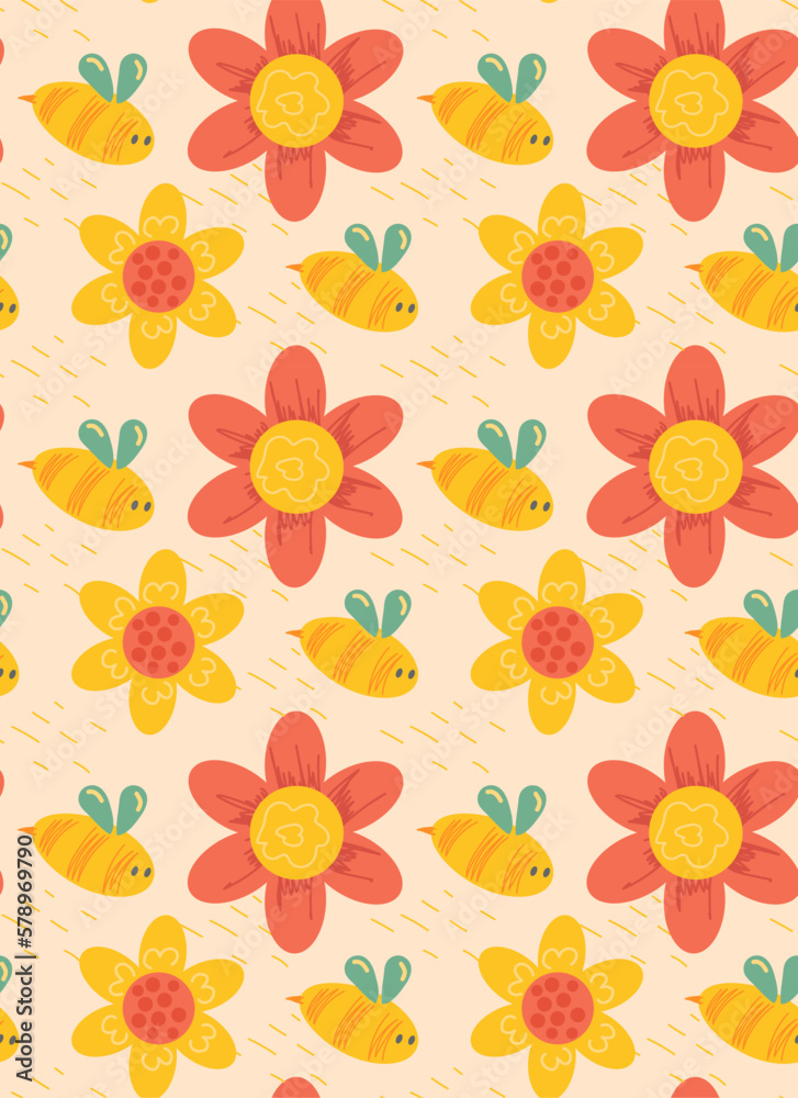 Pattern bright daisy flower and textured bees on yellow background. Flat style