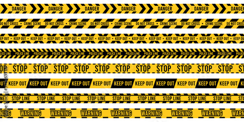 Crime scene ribbon. Warning danger caution tape, yellow police alert stripe border, forbidden boundary and restricted zone sign. Vector isolated set © Tartila