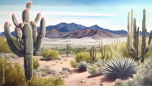 A beautiful desert landscape featuring cactuses in different shapes and sizes, generative ai illustration
