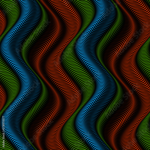 Vector repeatable pattern of vertical color waves from lines. Optical art green blue and orange gradient texture for design.
