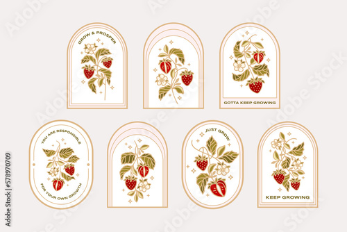 Vintage hand drawn organic strawberry plant and floral sticker label collection with quotes for food products, nature objects, reminders, aesthetic decoration, retro vector illustration elements