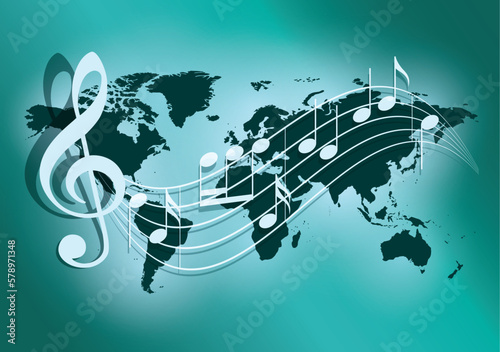 green vector background with wavy music notes and dark green world map