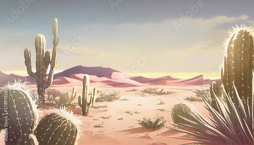 A beautiful desert landscape featuring cactuses in different shapes and sizes, generative ai illustration