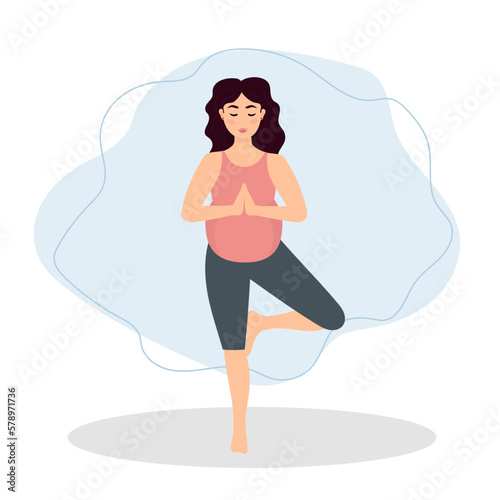 Pregnant woman exercising yoga. Illustration in flat cartoon style, concept illustration for healthy lifestyle, sport, exercising.