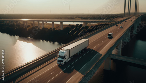 American style truck on freeway pulling load. Transportation theme. Generative AI illustration.	