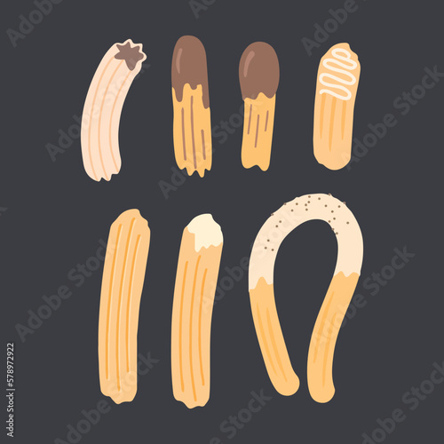 Traditional Spanish dessert churros with chocolate and sugar. Vector illustration