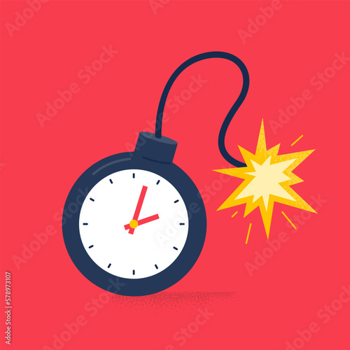Bomb with a burning wick and timer inside. Time bomb, and missing deadline concept. Vector flat illustration on the background.