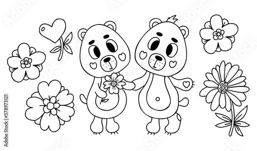 Collection cute pair in love bears with flowers. Vector illustration in doodle style. Isolate outline drawings. Funny cute animal characters.