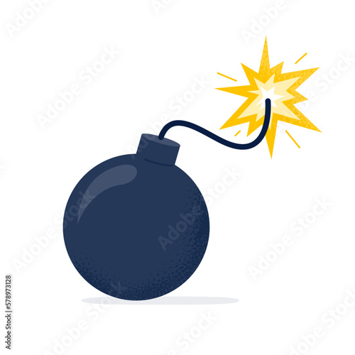 Black bomb with a burning wick. Explosion devise and weapon. Vector flat illustration isolated on the white background.