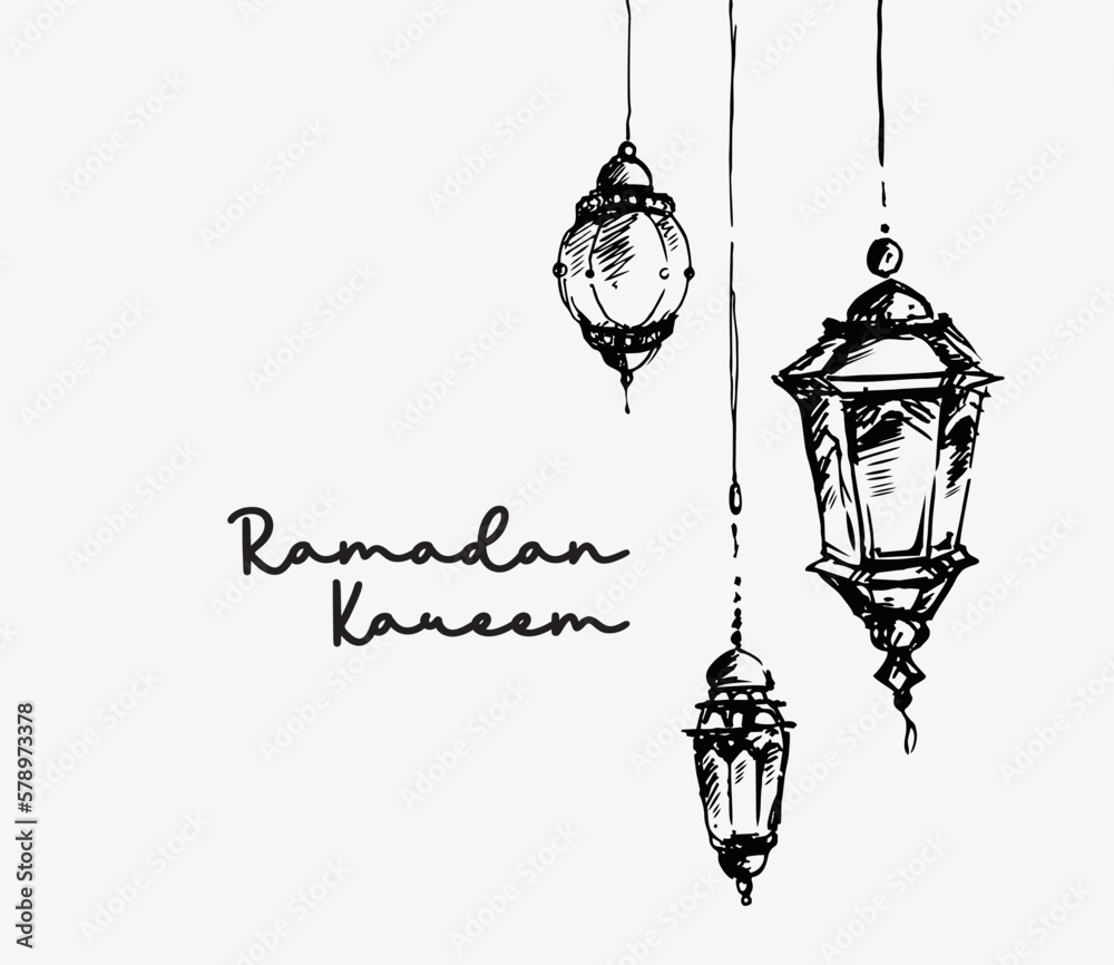 Hand drawn Ramadan Kareem and lantern background,beautiful greeting card design elements Hand drawn Ramadan Kareem and lantern background,beautiful greeting card design elements