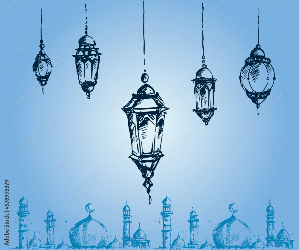 Hand drawn Ramadan Kareem and lantern background,beautiful greeting card design elements Hand drawn Ramadan Kareem and lantern background,beautiful greeting card design elements
