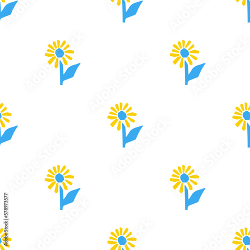 Seamless pattern with stylized illustration sunflower in cutting style blue and yellow color on white background