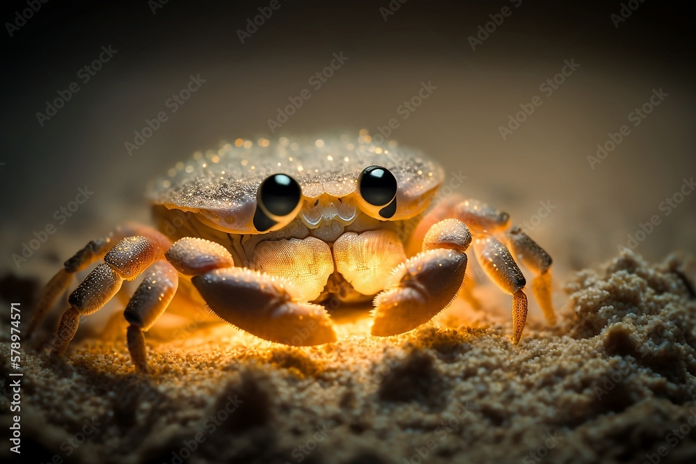 Adorable brown baby crab on a magical sand beach at night. Sharp and detailed. Generative AI Adorable brown baby crab on a magical sand beach at night. Sharp and detailed. Generative AI
