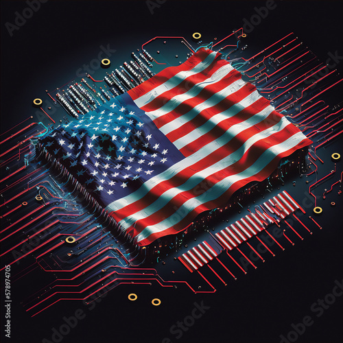 American flag on circuit board with microchips. Generative AI	
