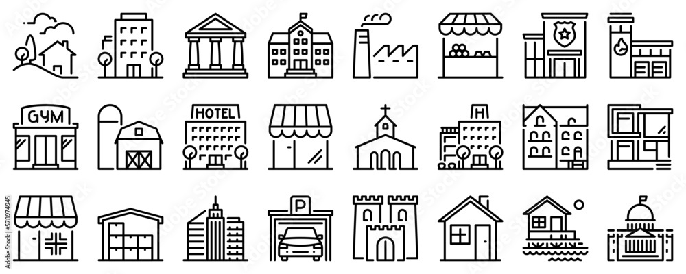 Line icons about buildings on transparent background with editable stroke. - obrazy, fototapety, plakaty 
