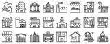 Line icons about buildings on transparent background with editable stroke.
